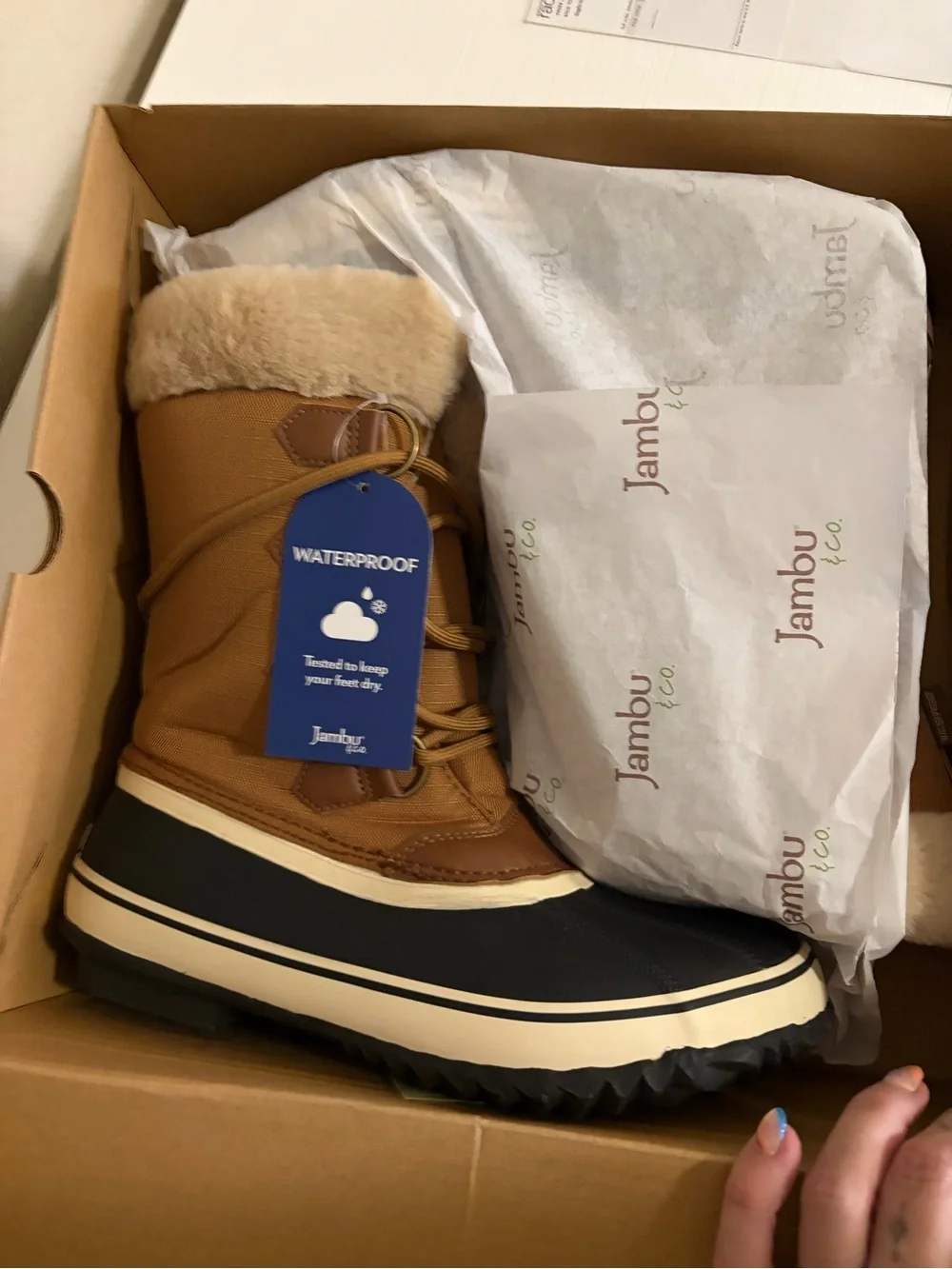 🌧️❄️New! ❄️🌧️Jambu Black & Tan Waterproof Winter Boots Faux Fur Collar🌧️❄️